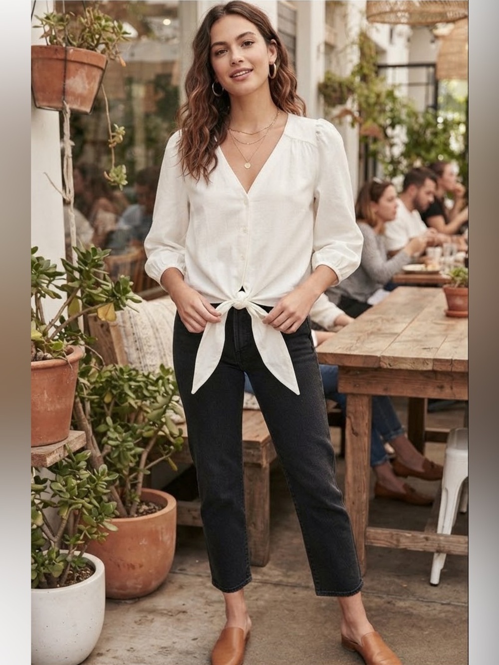 LOFT Cream Button-Front V-Neck Blouse Tie Front